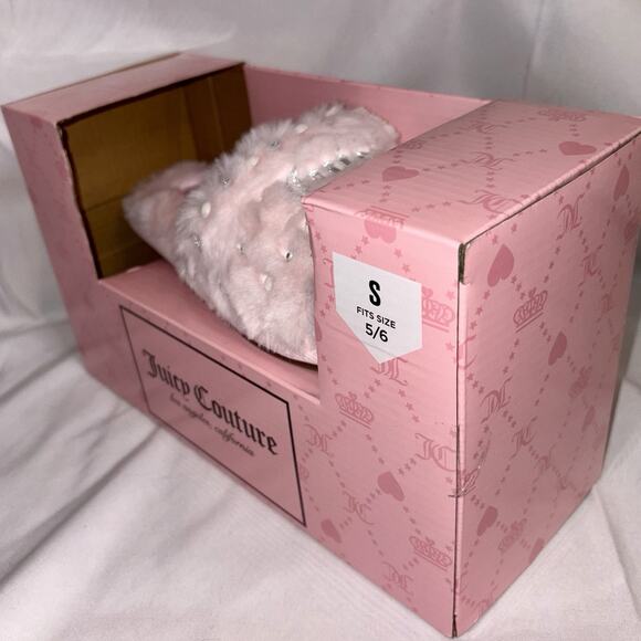 Juicy Couture Slippers Womens SMALL 5/6 Faux Fur Slides Pearl Logo Luxury NEW - Picture 2 of 5